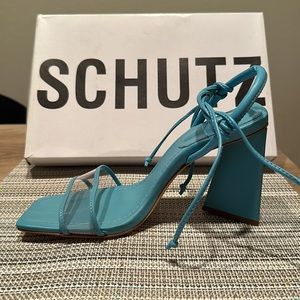 Schutz baby blue leather block heel sandal
